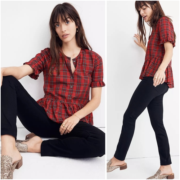 Madewell Studio Ruffle-Hem Top Red Clanton Plaid Short Sleeve Peplum Blouse - Picture 1 of 11